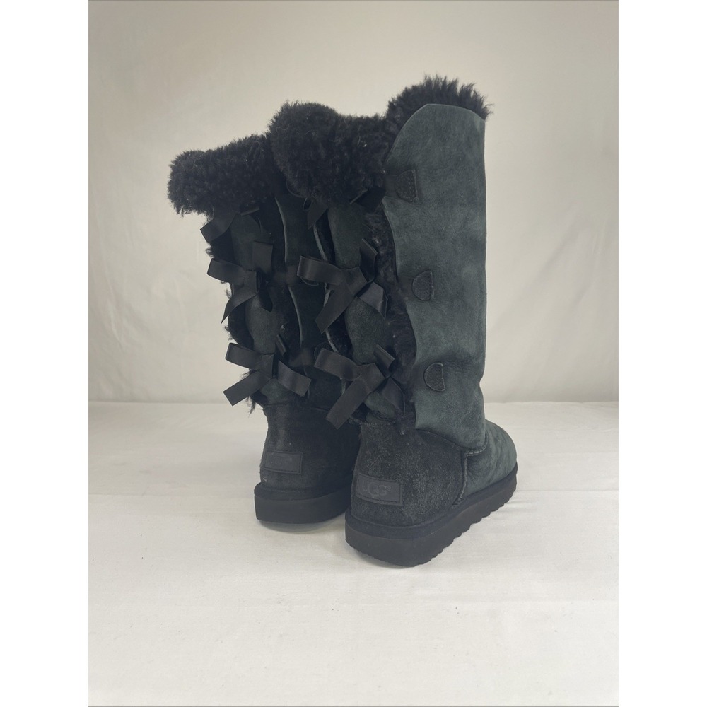 Women's 8 Ugg Bailey Bow Tall II Black Sheepskin Shearling Fur Boots 1016434